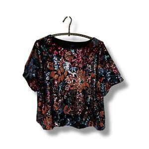 Skies Are Blue Curvy Floral Sequin Top Short Sleeve Formal Party Plus 1X